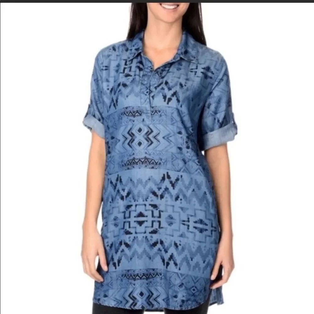 PHILOSOPHY | Aztec Chambray Dress Blue Size Large